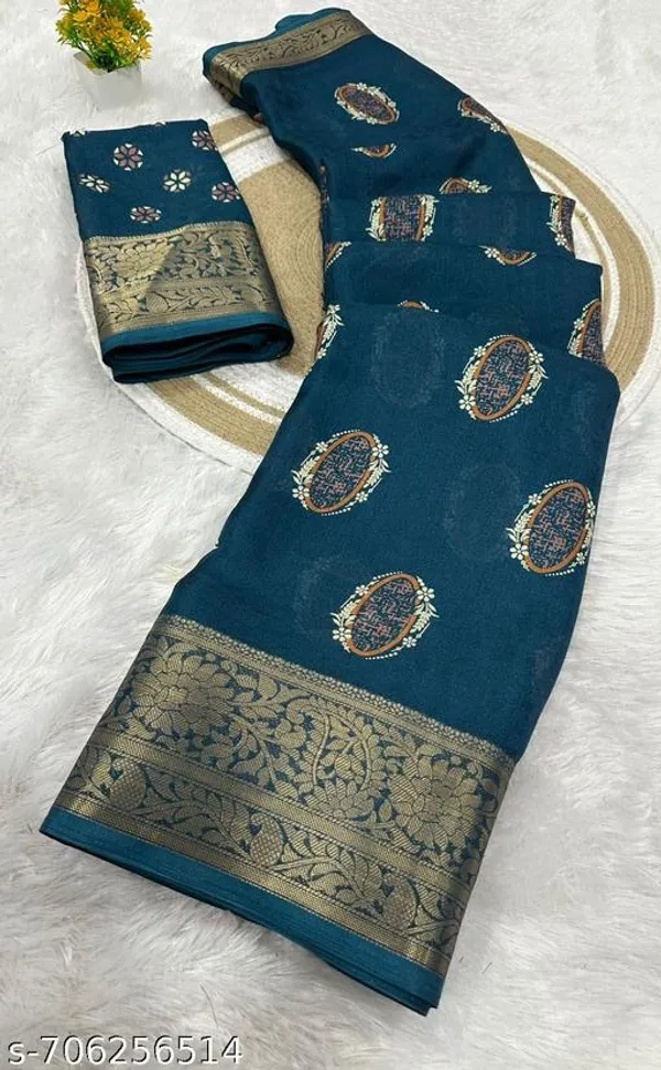 Green_Premium_Moss_Crepe_With_Jacquard_Border_Saree_With_Running_Blouse_For_Women