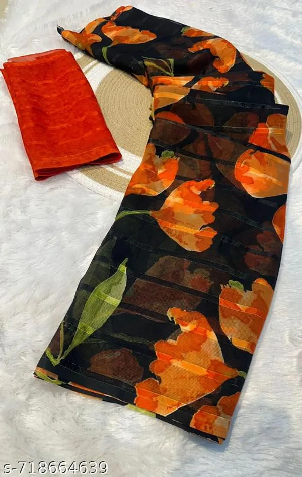 Blue_&_Orange_Premium_Chiffon_Saree_With_Running_Blouse_For_Women