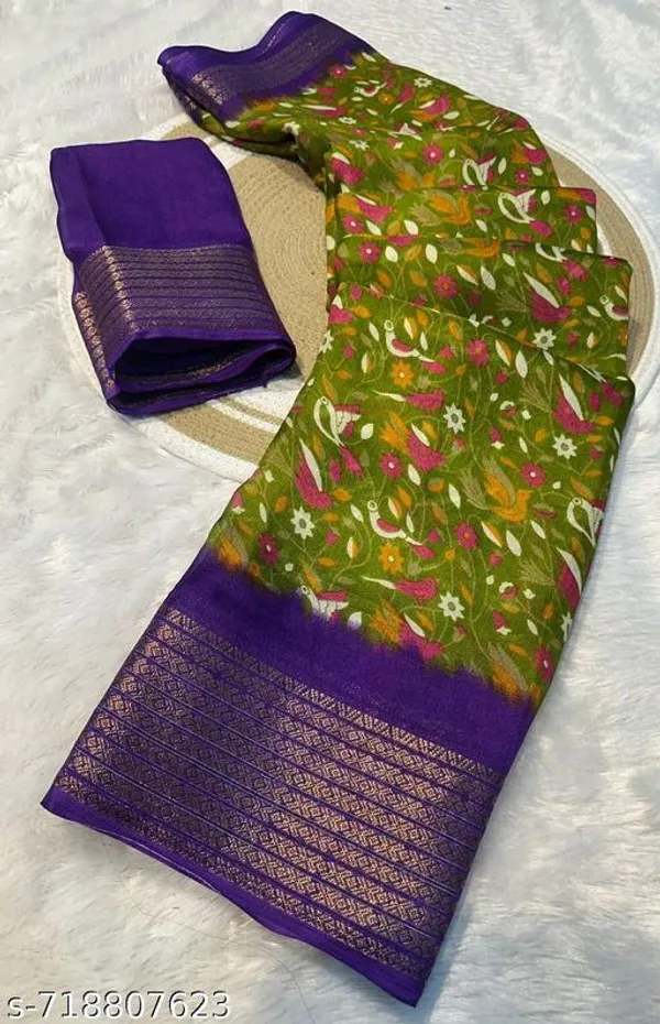 Green_&_Blue_Premium_Moss_Crepe_With_Jacquard_Border_Saree_With_Running_Blouse_For_Women
