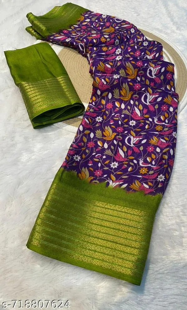 Blue_&_Green_Premium_Moss_Crepe_With_Jacquard_Border_Saree_With_Running_Blouse_For_Women