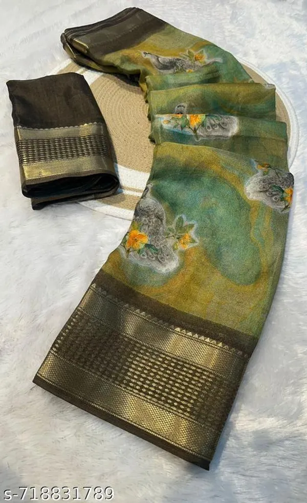 Green_Premium_Moss_Crepe_With_Jacquard_Border_Saree_With_Running_Blouse_For_Women