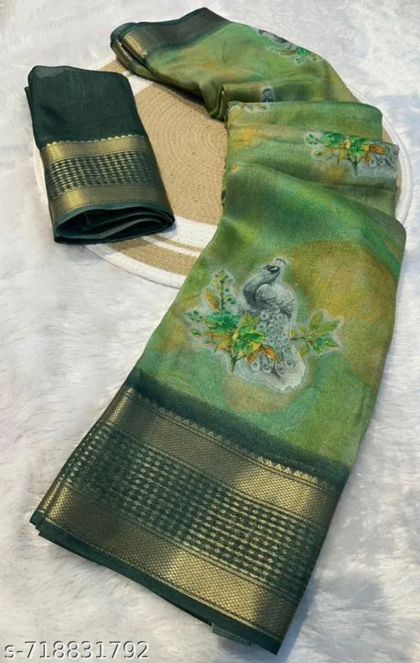 Green_Premium_Moss_Crepe_With_Jacquard_Border_Saree_With_Running_Blouse_For_Women