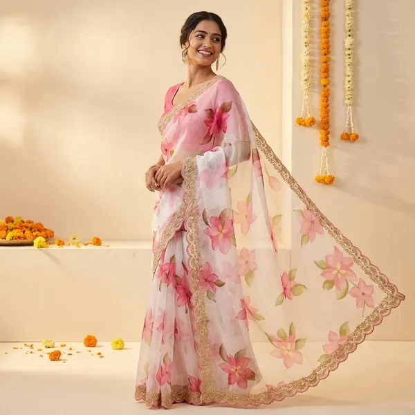 Off_White_&_Pink_Premium_Georgette_Saree_With_Running_Blouse_For_Women