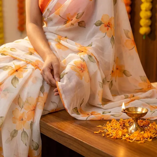 Off_White_&_Orange_Premium_Chiffon_Saree_With_Running_Blouse_For_Women