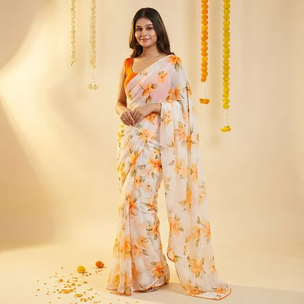 Off_White_&_Orange_Premium_Chiffon_Saree_With_Running_Blouse_For_Women