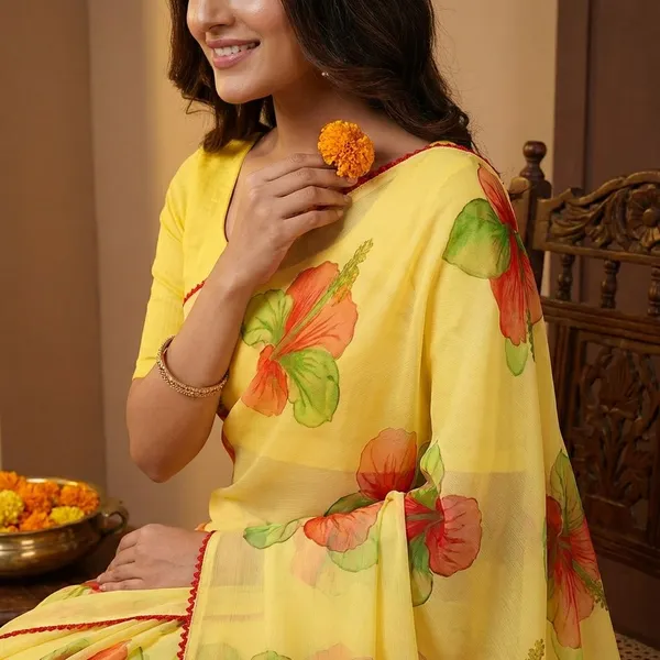 Yellow_Premium_Chiffon_Saree_With_Running_Blouse_For_Women