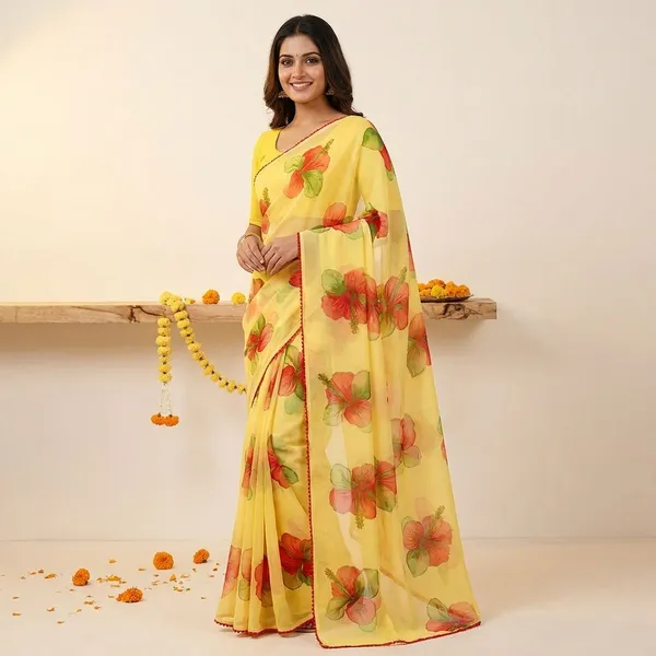 Yellow_Premium_Chiffon_Saree_With_Running_Blouse_For_Women