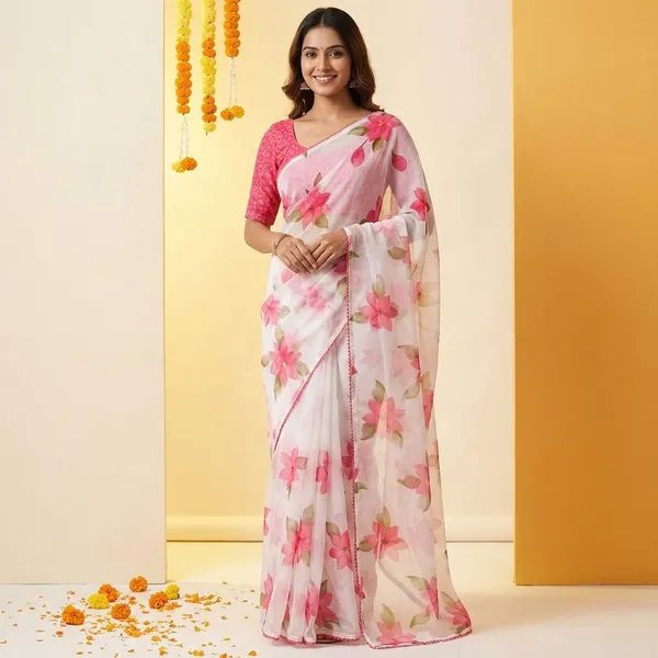 Pink_&_White_Premium_Chiffon_Saree_With_Running_Blouse_For_Women