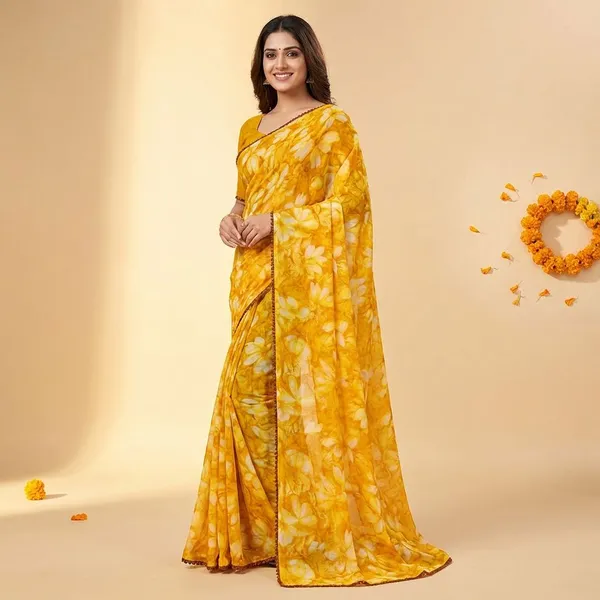 Yellow_Premium_Chiffon_Saree_With_Running_Blouse_For_Women
