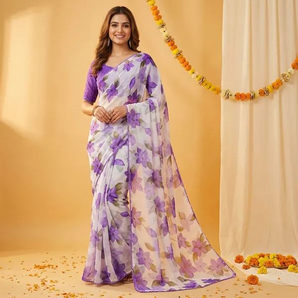 Off_White_&_Blue_Premium_Chiffon_Saree_With_Running_Blouse_For_Women