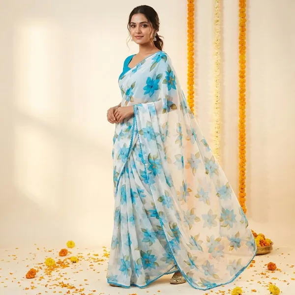 Off_White_&_Blue_Premium_Chiffon_Saree_With_Running_Blouse_For_Women