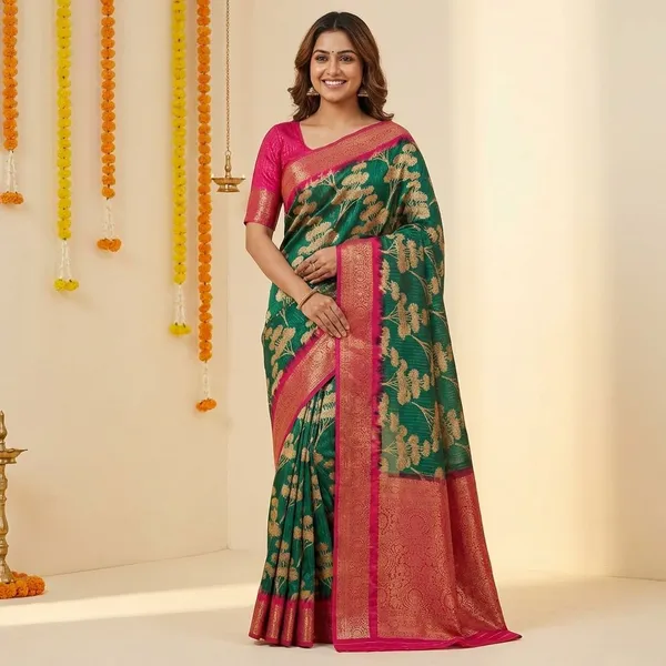 Green_&_Maroon_Premium_Chiffon_Saree_With_Running_Blouse_For_Women