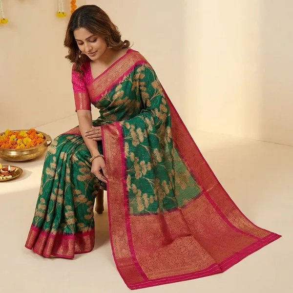 Green_&_Maroon_Premium_Chiffon_Saree_With_Running_Blouse_For_Women