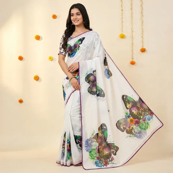 White_Premium_Chiffon_Saree_With_Running_Blouse_For_Women
