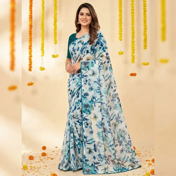 Off_White_&_Green_Premium_Chiffon_Saree_With_Running_Blouse_For_Women