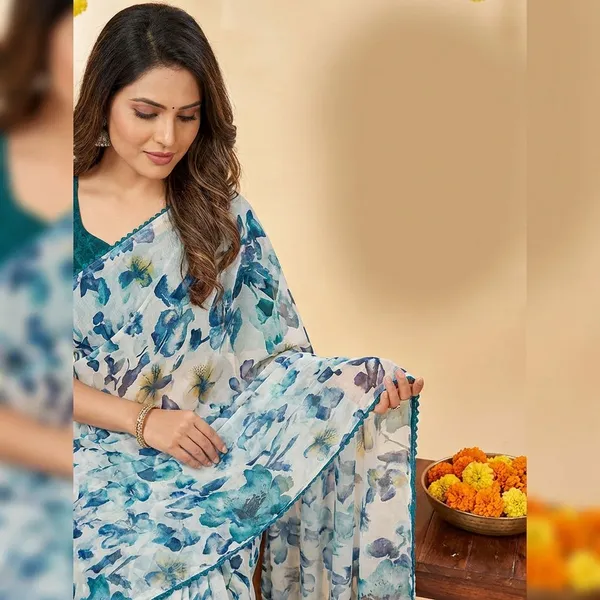 Off_White_&_Green_Premium_Chiffon_Saree_With_Running_Blouse_For_Women