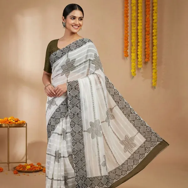 White_Premium_Chiffon_Saree_With_Running_Blouse_For_Women