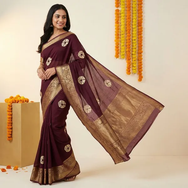 Maroon_Premium_Moss_Crepe_With_Jacquard_Border_Saree_With_Running_Blouse_For_Women