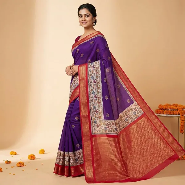 Blue_&_Maroon_Premium_Moss_Crepe_With_Jacquard_Border_Saree_With_Running_Blouse_For_Women