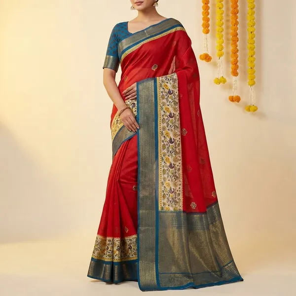 Red_&_Blue_Premium_Moss_Crepe_With_Jacquard_Border_Saree_With_Running_Blouse_For_Women