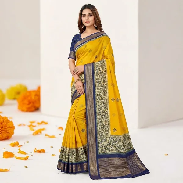 Yellow_&_Blue_Premium_Moss_Crepe_With_Jacquard_Border_Saree_With_Running_Blouse_For_Women