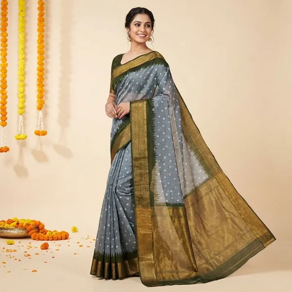 Grey_&_Green_Premium_Moss_Crepe_With_Jacquard_Border_Saree_With_Running_Blouse_For_Women