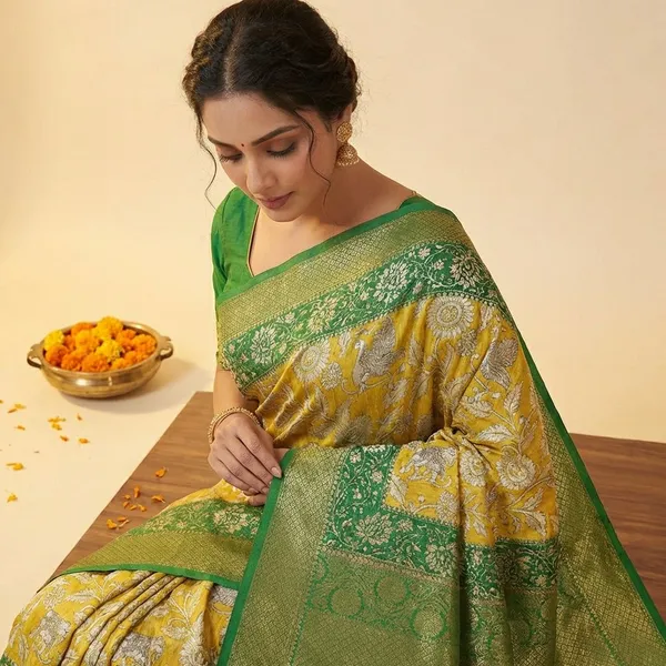Yellow_&_Green_Premium_Dola_Silk_Saree_With_Running_Blouse_For_Women