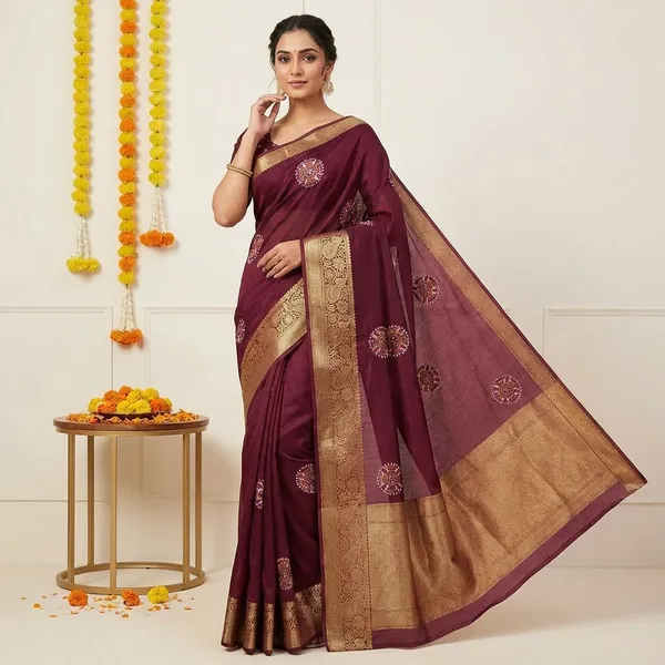 Maroon_Premium_Moss_Crepe_With_Jacquard_Border_Saree_With_Running_Blouse_For_Women