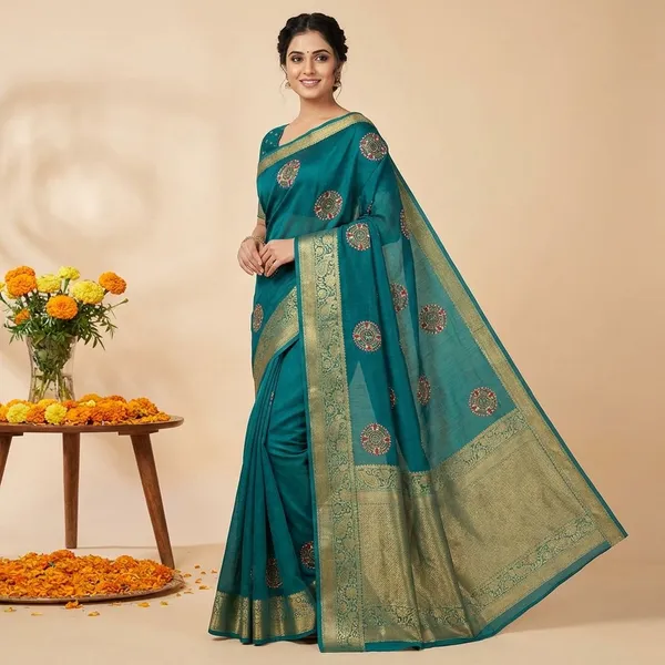 Green_Premium_Moss_Crepe_With_Jacquard_Border_Saree_With_Running_Blouse_For_Women