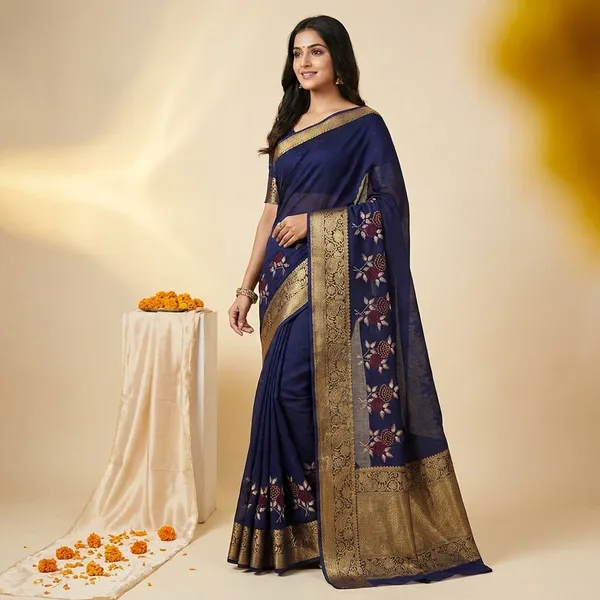 Navy_Blue_Premium_Moss_Crepe_With_Jacquard_Border_Saree_With_Running_Blouse_For_Women
