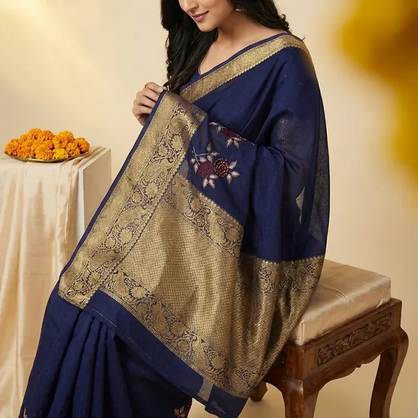 Navy_Blue_Premium_Moss_Crepe_With_Jacquard_Border_Saree_With_Running_Blouse_For_Women