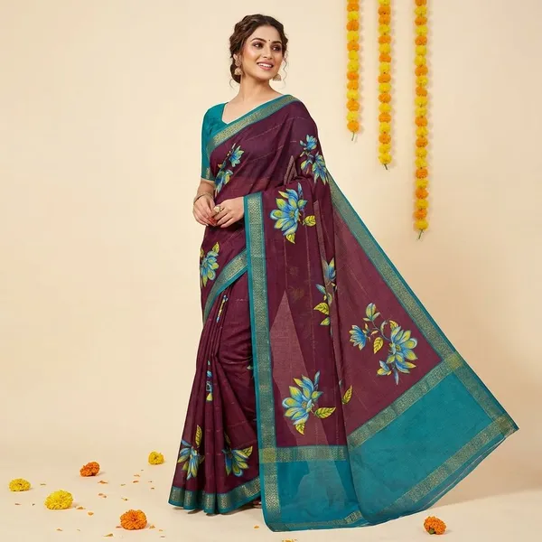 Maroon_&_Blue_Premium_Moss_Crepe_With_Jacquard_Border_Saree_With_Running_Blouse_For_Women