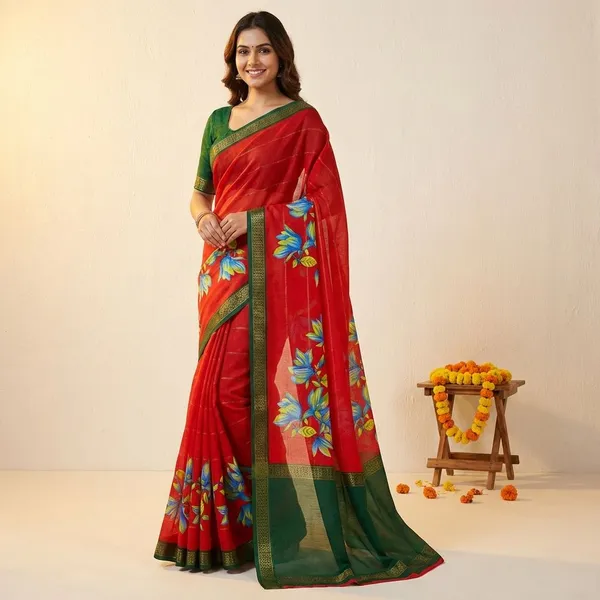 Orange_&_Green_Premium_Moss_Crepe_With_Jacquard_Border_Saree_With_Running_Blouse_For_Women