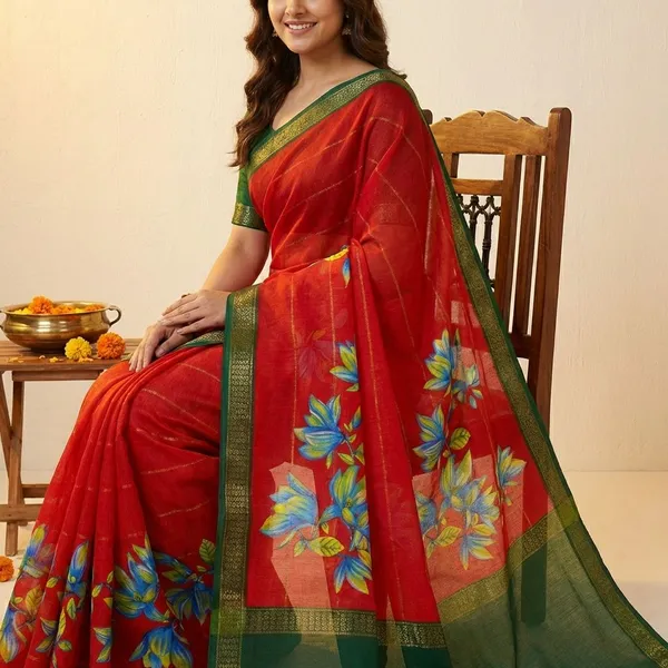 Orange_&_Green_Premium_Moss_Crepe_With_Jacquard_Border_Saree_With_Running_Blouse_For_Women