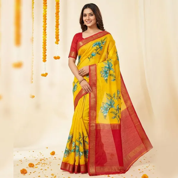 Yellow_&_Maroon_Premium_Moss_Crepe_With_Jacquard_Border_Saree_With_Running_Blouse_For_Women