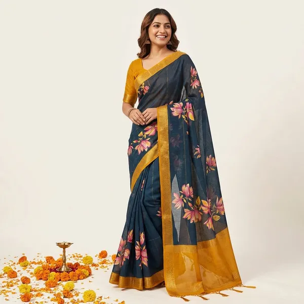 Navy_Blue_&_Gold_Premium_Moss_Crepe_With_Jacquard_Border_Saree_With_Running_Blouse_For_Women