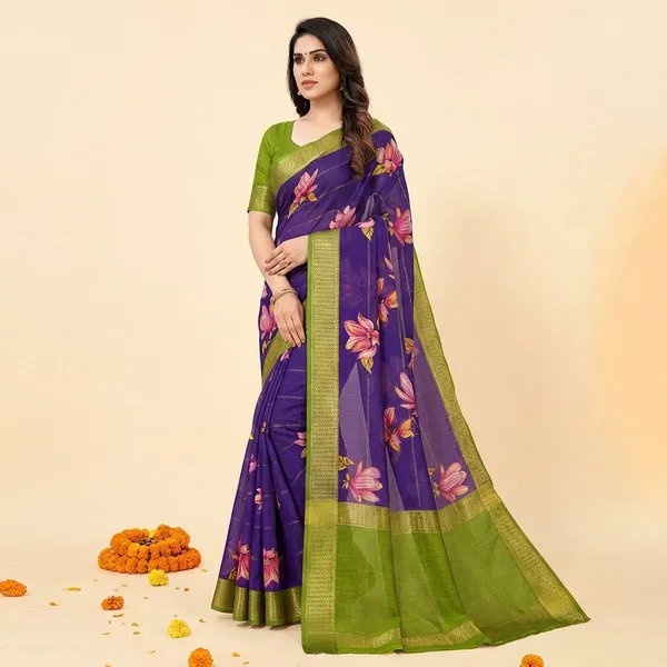 Navy_Blue_&_Green_Premium_Moss_Crepe_With_Jacquard_Border_Saree_With_Running_Blouse_For_Women