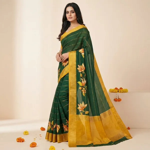 Green_&_Gold_Premium_Moss_Crepe_With_Jacquard_Border_Saree_With_Running_Blouse_For_Women
