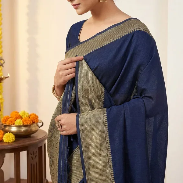 Blue_&_Gold_Premium_Moss_Crepe_With_Jacquard_Border_Saree_With_Running_Blouse_For_Women