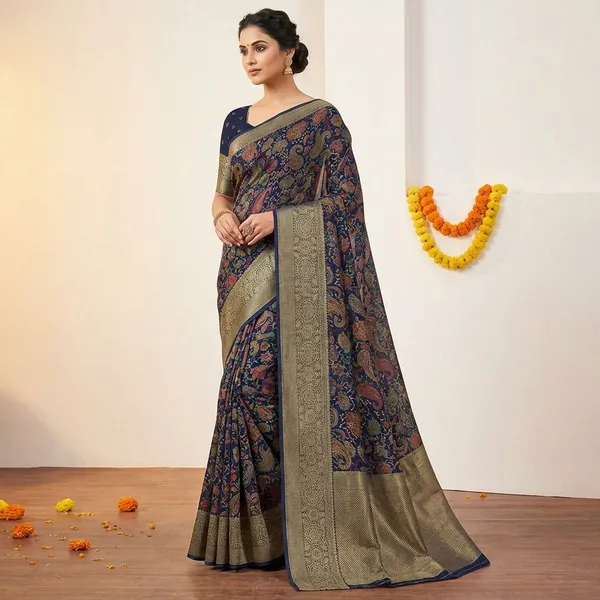 Blue_&_Gold_Premium_Moss_Crepe_With_Jacquard_Border_Saree_With_Running_Blouse_For_Women