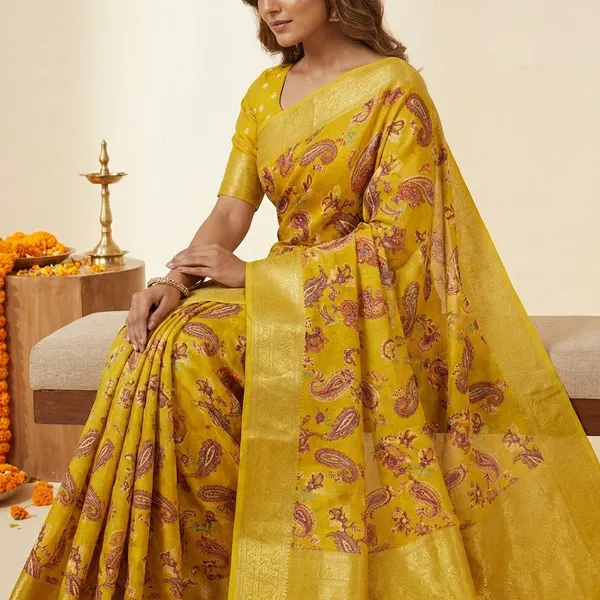 Gold_Premium_Moss_Crepe_With_Jacquard_Border_Saree_With_Running_Blouse_For_Women