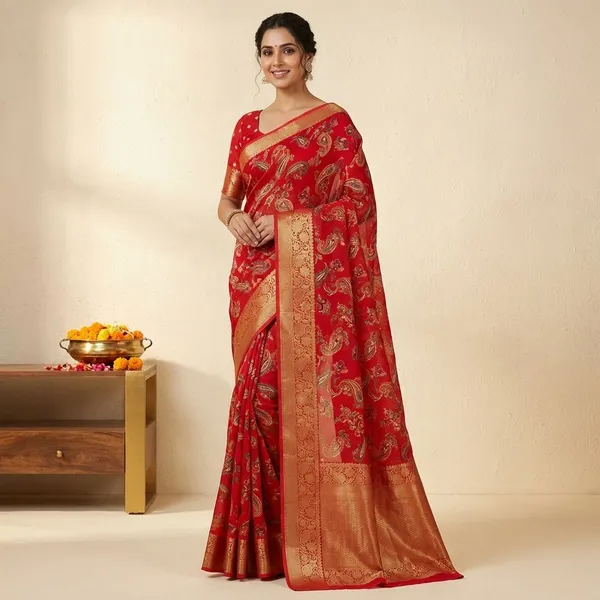 Red_Premium_Moss_Crepe_With_Jacquard_Border_Saree_With_Running_Blouse_For_Women