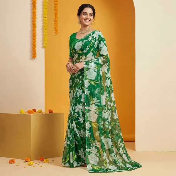 Green_Premium_Chiffon_Saree_With_Running_Blouse_For_Women