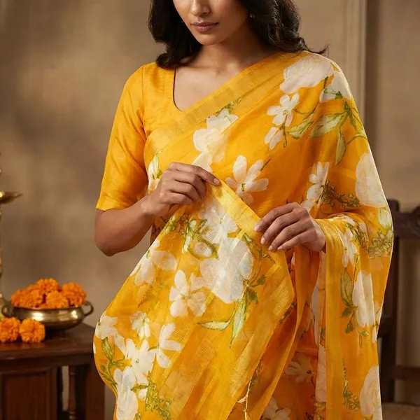 Yellow_Premium_Chiffon_Saree_With_Running_Blouse_For_Women