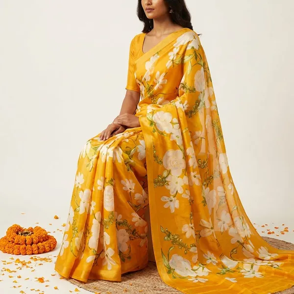 Yellow_Premium_Chiffon_Saree_With_Running_Blouse_For_Women