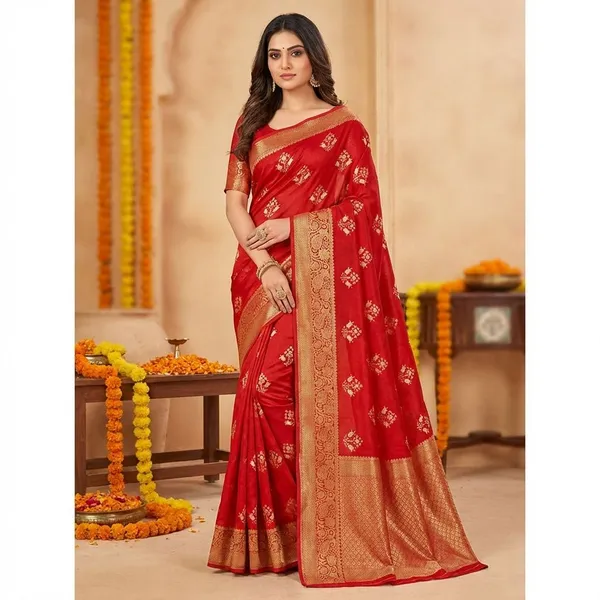 Red_Premium_Moss_Crepe_With_Jacquard_Border_Saree_With_Running_Blouse_For_Women
