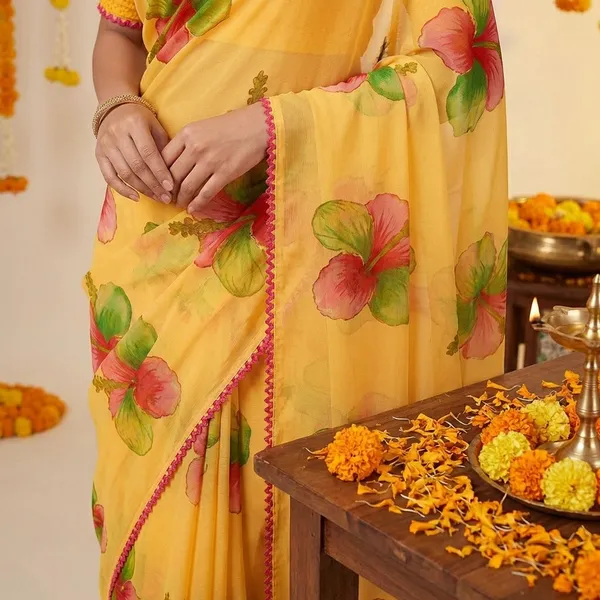 Yellow_Premium_Chiffon_Saree_With_Running_Blouse_For_Women