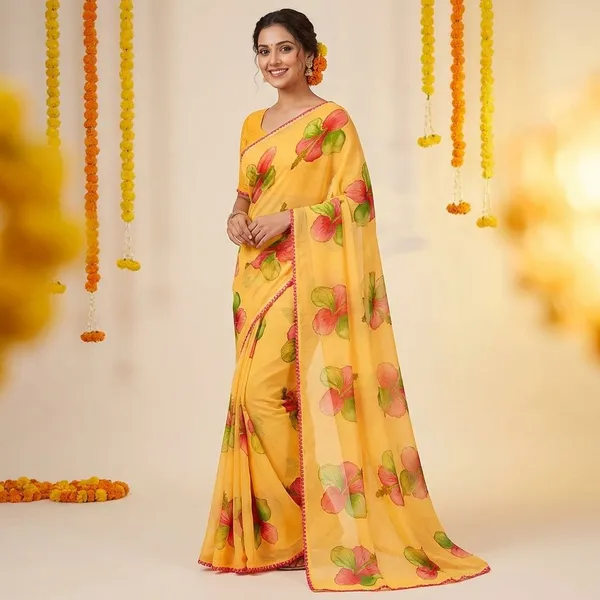 Yellow_Premium_Chiffon_Saree_With_Running_Blouse_For_Women