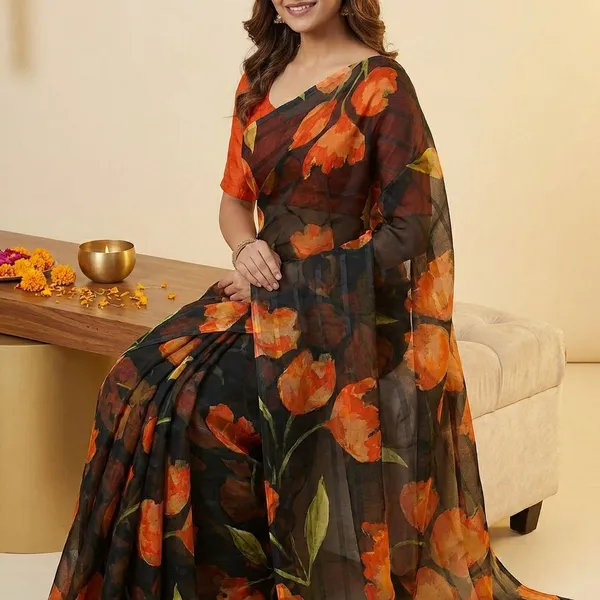 Blue_&_Orange_Premium_Chiffon_Saree_With_Running_Blouse_For_Women