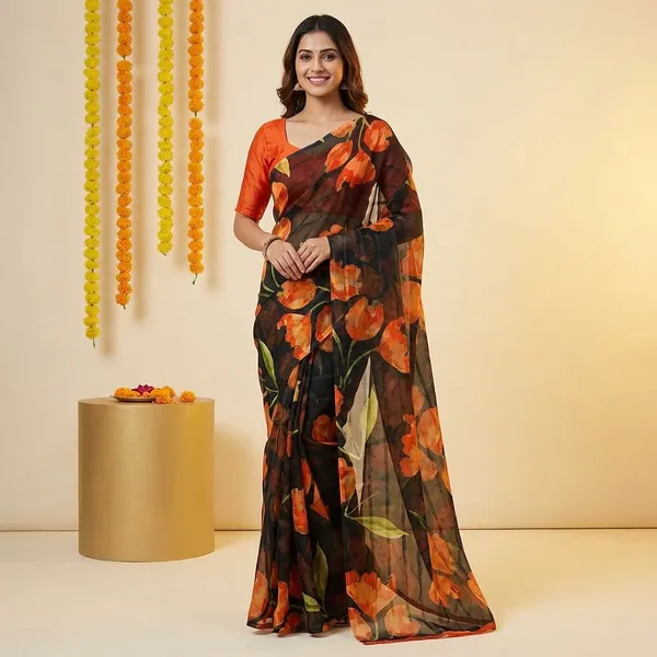 Blue_&_Orange_Premium_Chiffon_Saree_With_Running_Blouse_For_Women